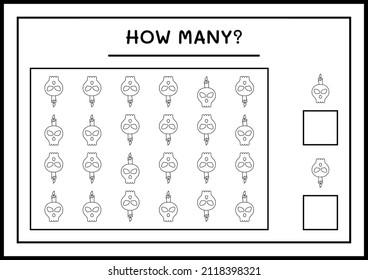 How many Skull with Candle, game for children. Vector illustration, printable worksheet