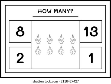 How many Skull with Candle, game for children. Vector illustration, printable worksheet