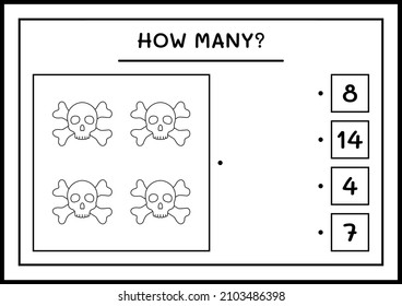 How many Skull, game for children. Vector illustration, printable worksheet