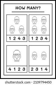 How many Skull, game for children. Vector illustration, printable worksheet
