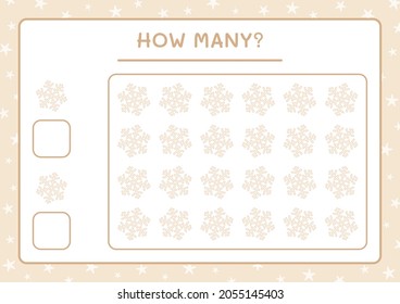 ¿Cuántos copos de nieve, juegos para niños? Ilustración del vector, hoja de cálculo imprimible