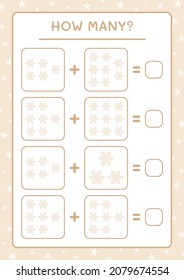 ¿Cuántos copos de nieve, juegos para niños? Ilustración del vector, hoja de cálculo imprimible