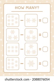 ¿Cuántos copos de nieve, juegos para niños? Ilustración del vector, hoja de cálculo imprimible