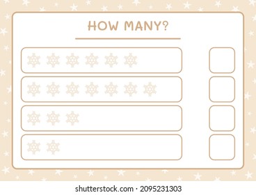 ¿Cuántos copos de nieve, juegos para niños? Ilustración del vector, hoja de cálculo imprimible