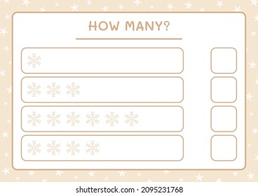 ¿Cuántos copos de nieve, juegos para niños? Ilustración del vector, hoja de cálculo imprimible