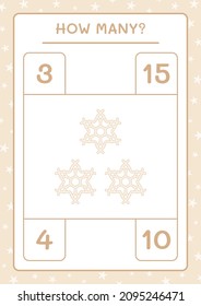 ¿Cuántos copos de nieve, juegos para niños? Ilustración del vector, hoja de cálculo imprimible