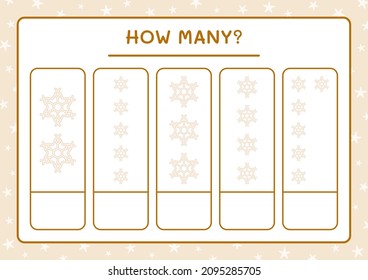 ¿Cuántos copos de nieve, juegos para niños? Ilustración del vector, hoja de cálculo imprimible