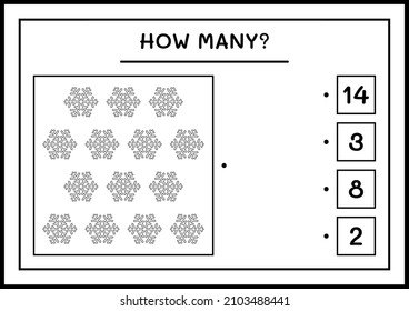 ¿Cuántos copos de nieve, juegos para niños? Ilustración del vector, hoja de cálculo imprimible