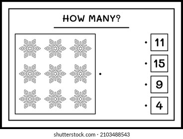How many snowflake, game for children. Vector illustration, printable worksheet
