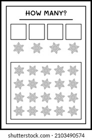 ¿Cuántos copos de nieve, juegos para niños? Ilustración del vector, hoja de cálculo imprimible