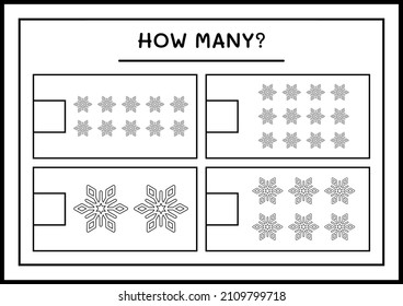 ¿Cuántos copos de nieve, juegos para niños? Ilustración del vector, hoja de cálculo imprimible