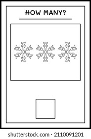 ¿Cuántos copos de nieve, juegos para niños? Ilustración del vector, hoja de cálculo imprimible