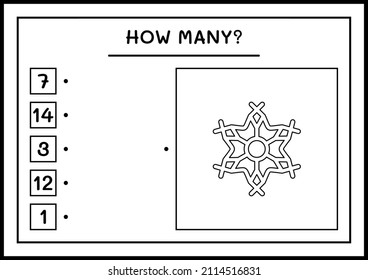 ¿Cuántos copos de nieve, juegos para niños? Ilustración del vector, hoja de cálculo imprimible