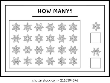 ¿Cuántos copos de nieve, juegos para niños? Ilustración del vector, hoja de cálculo imprimible