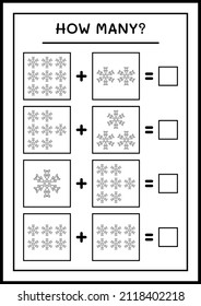 ¿Cuántos copos de nieve, juegos para niños? Ilustración del vector, hoja de cálculo imprimible
