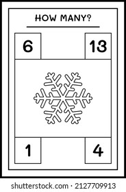 ¿Cuántos copos de nieve, juegos para niños? Ilustración del vector, hoja de cálculo imprimible