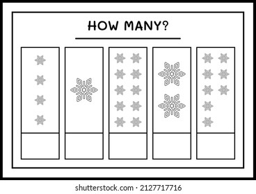 How many snowflake, game for children. Vector illustration, printable worksheet