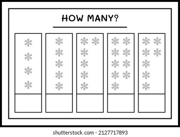 ¿Cuántos copos de nieve, juegos para niños? Ilustración del vector, hoja de cálculo imprimible