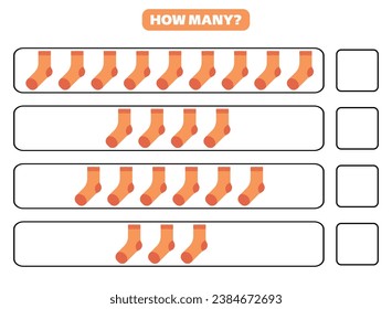 ¿Cuántos calcetines hay? Diseño de hojas de cálculo educacionales para niños. Juego de conteo para niños.