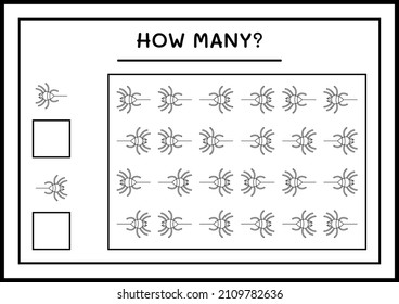 How many Spider, game for children. Vector illustration, printable worksheet