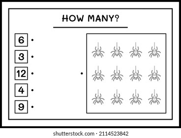 How many Spider, game for children. Vector illustration, printable worksheet