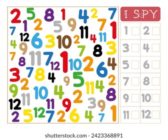 How many. I spy numbers game for kids. Numbers 1 to 12 for preschool. Counting activity. Math worksheet for children. Educational game	