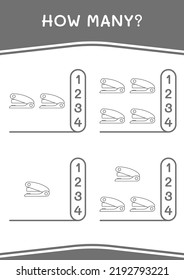 Cuántos de Stapler, juegos para niños. Ilustración del vector, hoja de cálculo imprimible
