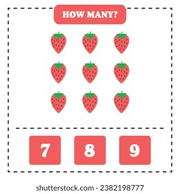 How many strawberry are there? Educational worksheet design for children. Counting game for kids.