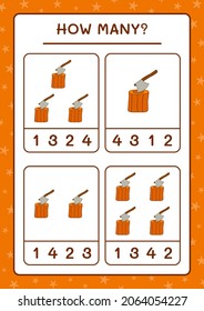 How many Stump with Ax, game for children. Vector illustration, printable worksheet