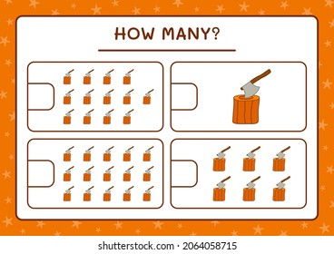 How many Stump with Ax, game for children. Vector illustration, printable worksheet