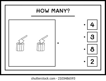 How many Stump with Ax, game for children. Vector illustration, printable worksheet