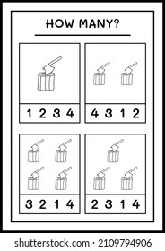 How many Stump with Ax, game for children. Vector illustration, printable worksheet