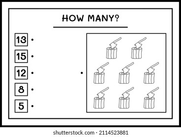 How many Stump with Ax, game for children. Vector illustration, printable worksheet