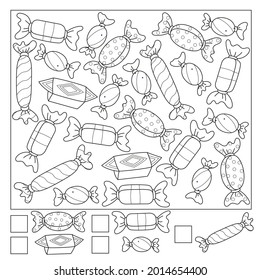 How many sweets do you see? Black and white illustration of educational counting game for children with candy coloring book page.