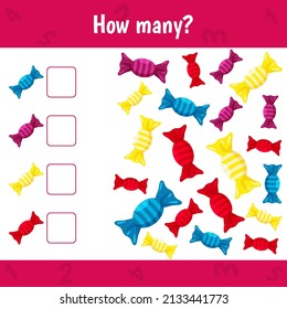 How many sweets are there. Count the number of sweets. Math worksheet for kids.