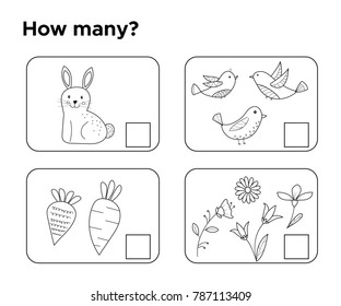 How many objects? Task for preschool kids. Coloring page or book. Learning mathematics, numbers. Math game. Vector illustrator.