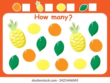 How many are there fruits and berry. Counting game for kids. Math counting worksheet for preschoolers.