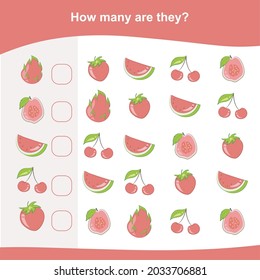 Wie viele spielen sie? Früchte für die Vorschulzeit zählen. Cuute-Mathe-Arbeitsblatt. pädagogisches, druckbares Mathematik-Arbeitsblatt. Zähl die Früchte auf dem Bild und schreibe das Ergebnis.