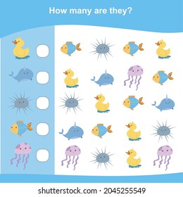 How many are they game. Counting animals for preschool. Cute math worksheet. Educational printable math worksheet. Count the animals in the picture and write the result.