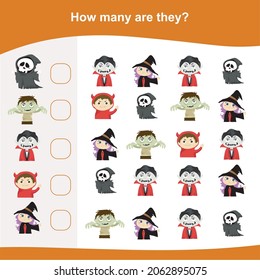 How many are they game. Counting Halloween item in the picture and write the result. Cute math worksheet. Educational printable math worksheet. Vector illustration.