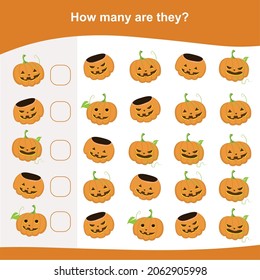 How many are they game. Counting Halloween item in the picture and write the result. Cute math worksheet. Educational printable math worksheet. Vector illustration.