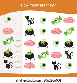 How many are they game. Counting Halloween item in the picture and write the result. Cute math worksheet. Educational printable math worksheet. Vector illustration.