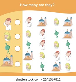 How many are they game. Counting Ramadhan items for preschool. Cute math worksheet. Educational printable math worksheet. Count items in the picture and write the result.