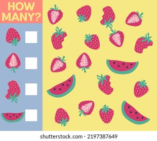 How many are they game. Counting fruit for preschool. Count the fruits in the picture and write the result.