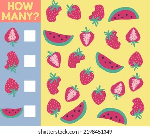 How many are they game. Counting fruit for preschool. Count the fruits in the picture and write the result.