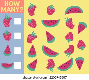 How many are they game. Counting fruit for preschool. Count the fruits in the picture and write the result.