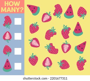 How many are they game. Counting fruit for preschool. Count the fruits in the picture and write the result.