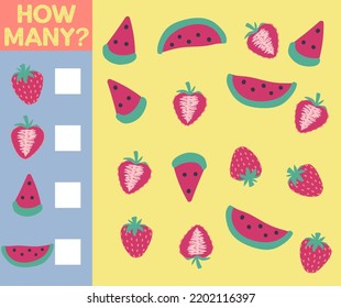 How many are they game. Counting fruit for preschool. Count the fruits in the picture and write the result.