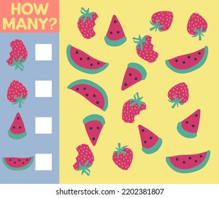 How many are they game. Counting fruit for preschool. Count the fruits in the picture and write the result.