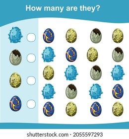 How many are they game. Dinosaurs Edition. Cute math worksheet. Educational activity for preschool kids. Vector illustration.